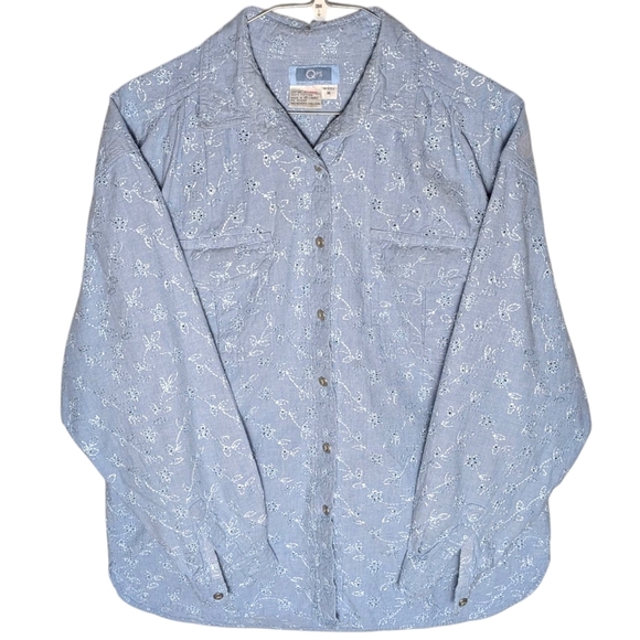 qps Tops - Vintage Chambray Embroidered Eyelet Floral Button-Up Shirt QPS Light Blue Size M